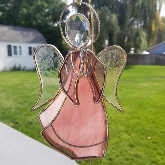 Stained Glass Angel Suncatcher Signed Pink White Christmas‎ Angel 9"Hx6"W - Picture 3 of 11